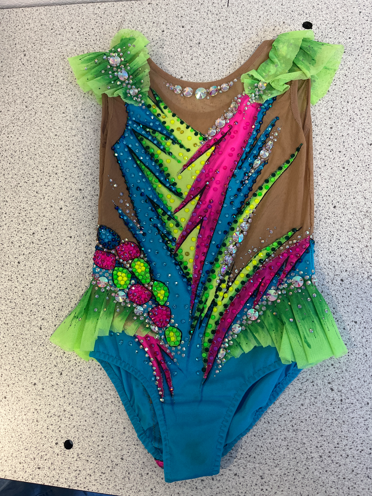 Vibrant Rhythmic Gymnastics Leotard - Age 8 - Neon & Blue Sparkle — photo 3