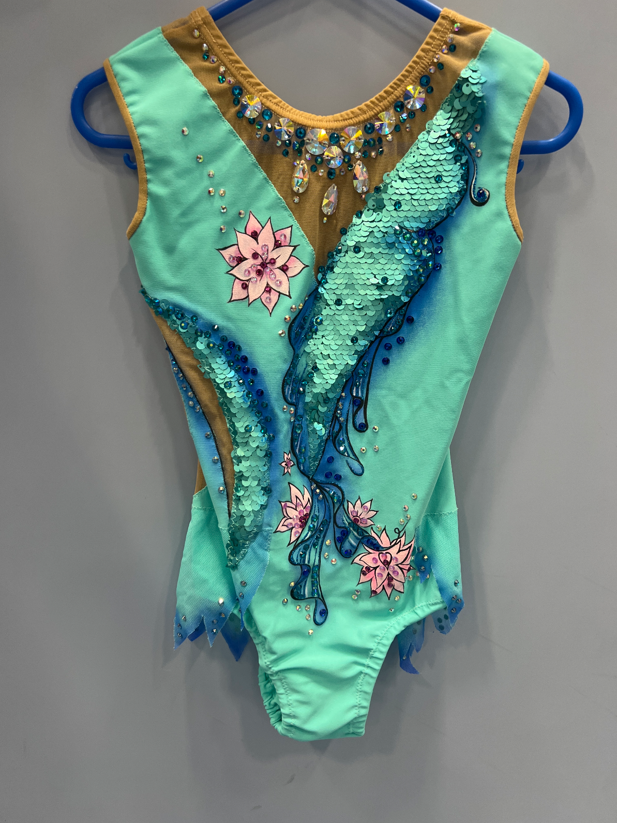 Aqua & Gold Rhythmic Leotard for Girls, Size 4, Very Good Condition — photo 3