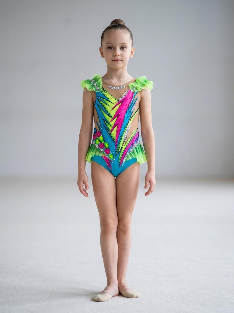 Vibrant Rhythmic Gymnastics Leotard - Age 8 - Neon & Blue Sparkle