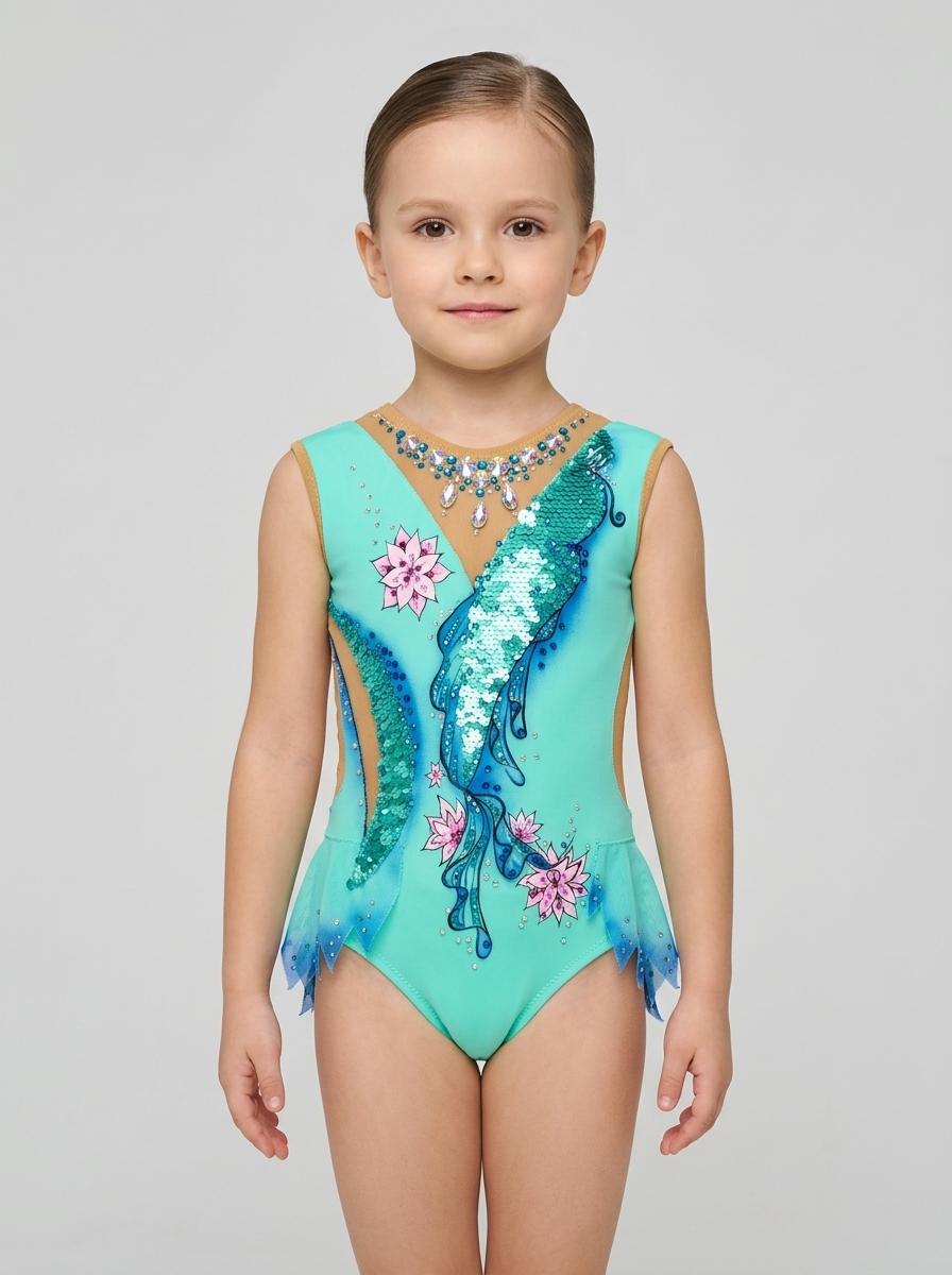 Aqua & Gold Rhythmic Leotard for Girls, Size 4, Very Good Condition