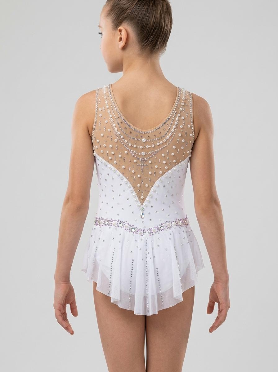 Rhythmic gymnastics leotard, white with purple rhinestones, for 12 years — photo 2