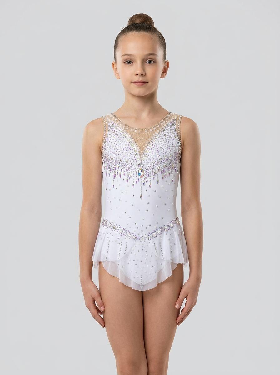 Rhythmic gymnastics leotard, white with purple rhinestones, for 12 years