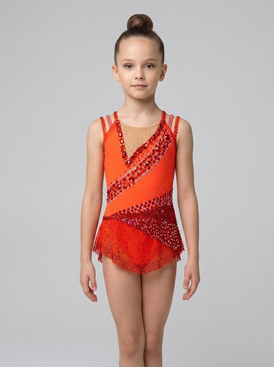 Bright leotard for rhythmic gymnastics, red, for age 8-11