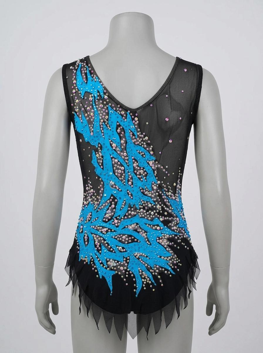 Handmade Child Rhythmic Gymnastics Leotard - Black with Blue Flame Appliques & Crystals — photo 2