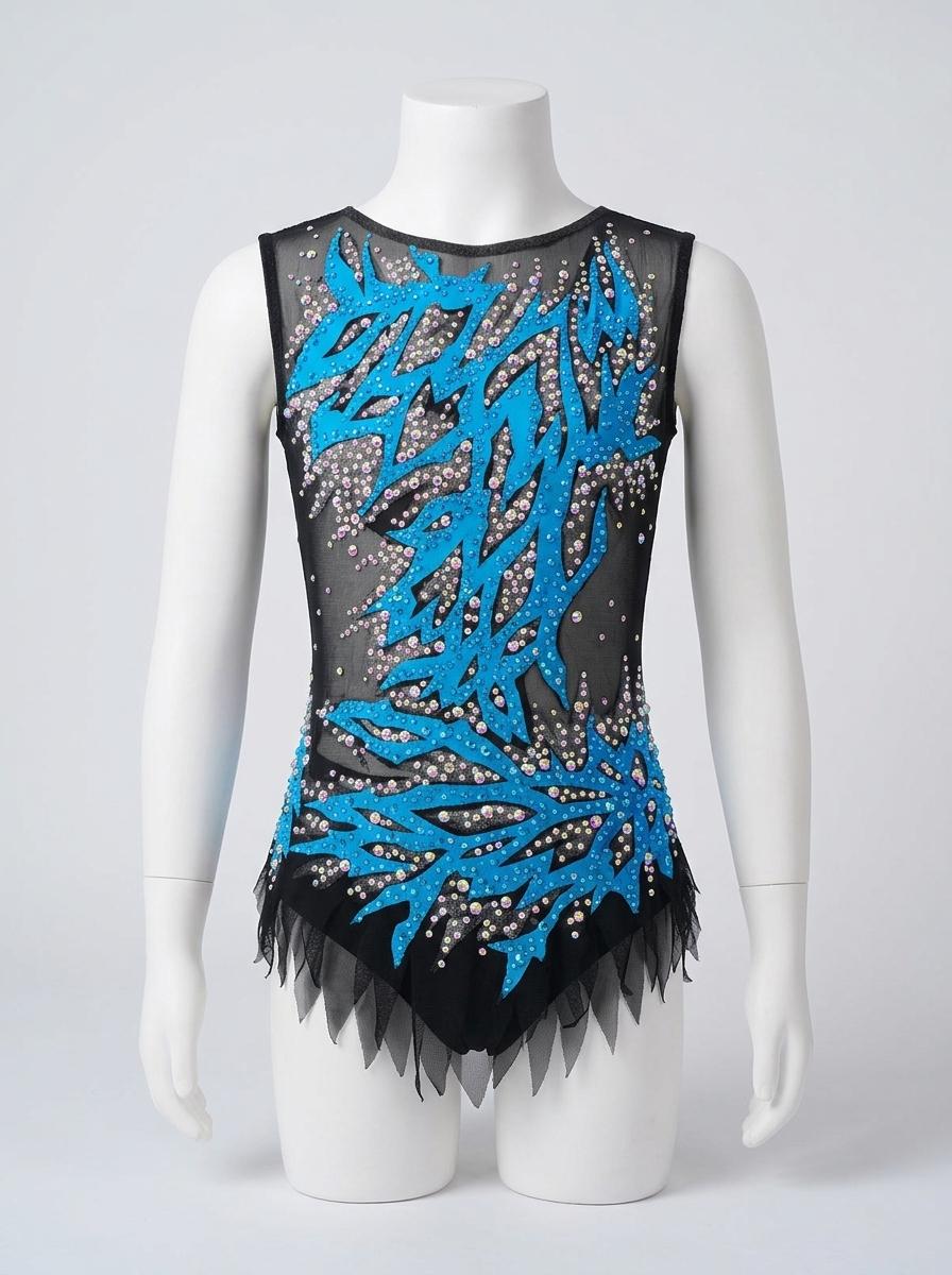 Handmade Child Rhythmic Gymnastics Leotard - Black with Blue Flame Appliques & Crystals