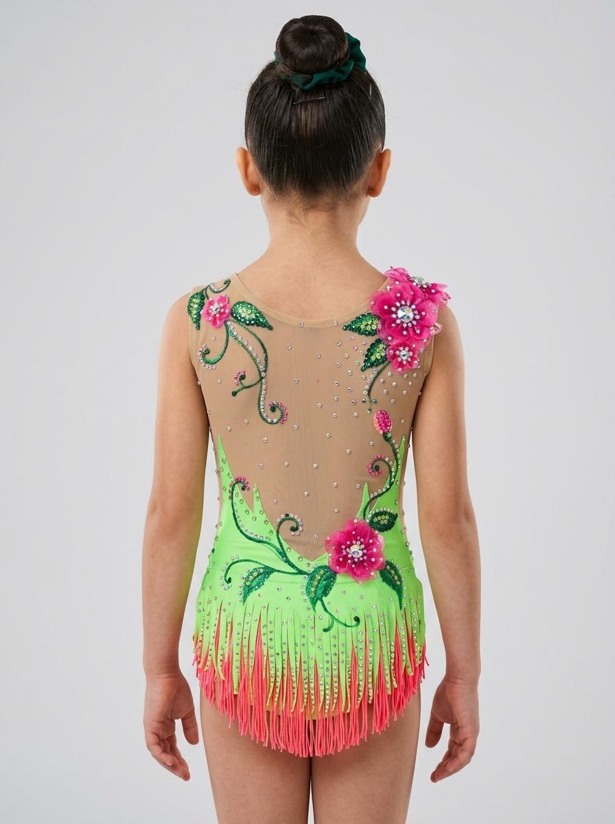Vibrant Green & Nude Rhythmic Leotard with Floral Appliqués & Fringe, Age 8 — photo 2
