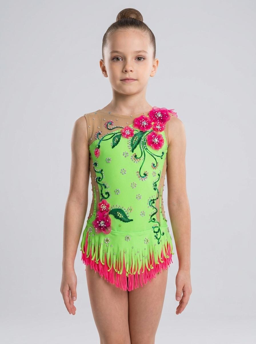 Vibrant Green & Nude Rhythmic Leotard with Floral Appliqués & Fringe, Age 8