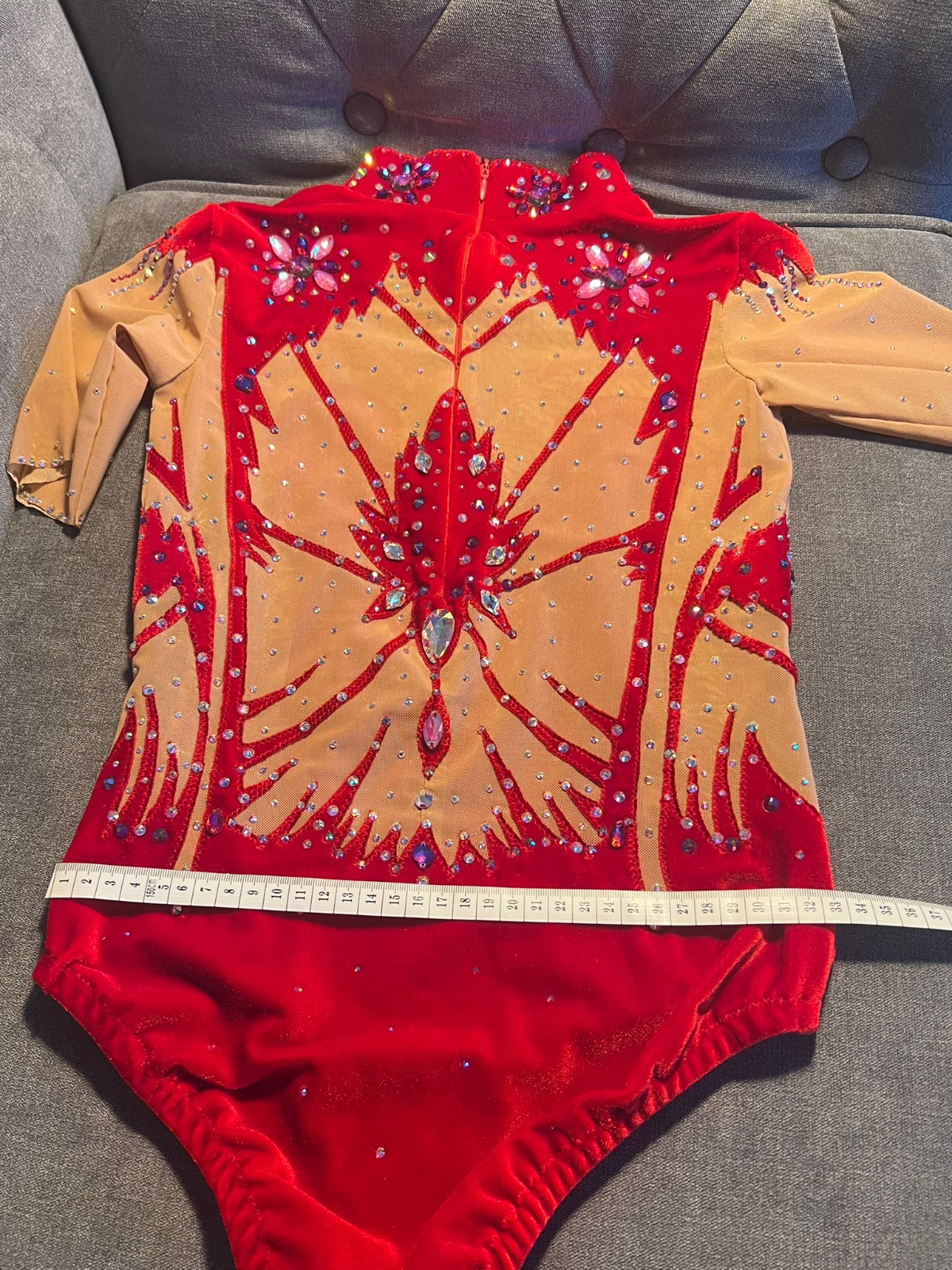 Rhythmic gymnastics leotard, red velvet, handmade, age 12 — photo 6