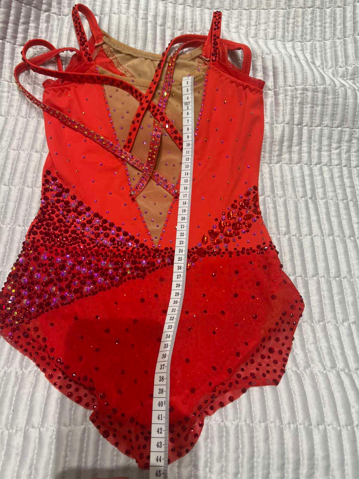 Bright leotard for rhythmic gymnastics, red, for age 8-11 — photo 6