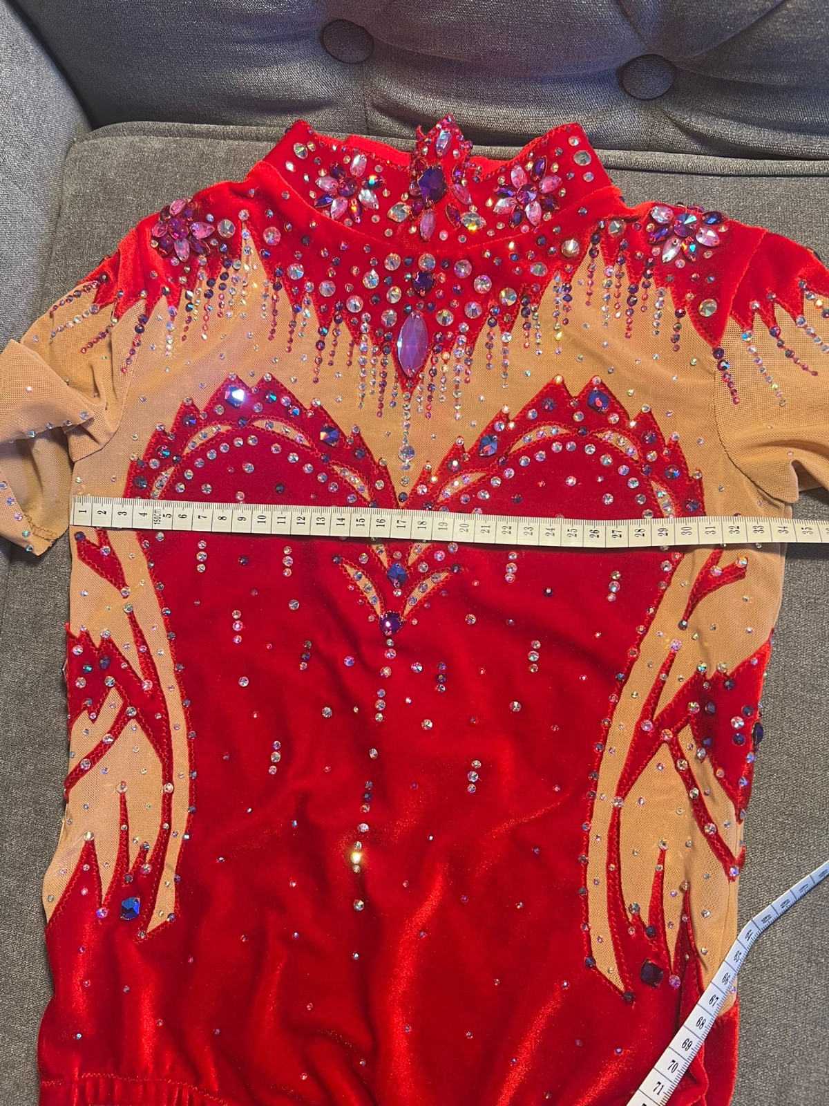 Rhythmic gymnastics leotard, red velvet, handmade, age 12 — photo 5