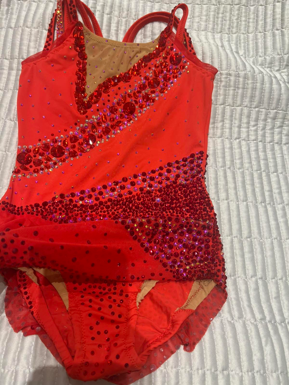 Bright leotard for rhythmic gymnastics, red, for age 8-11 — photo 5
