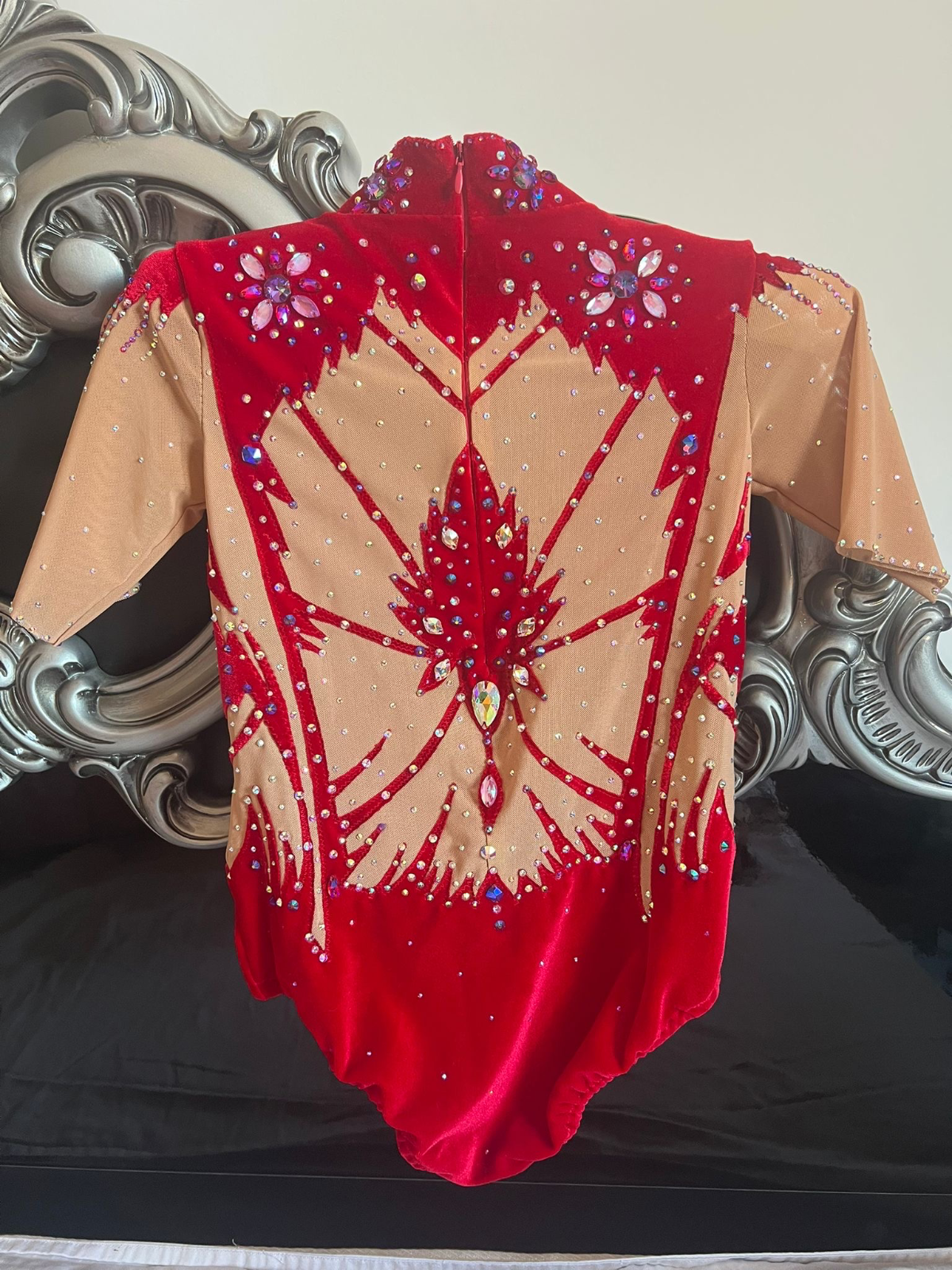 Rhythmic gymnastics leotard, red velvet, handmade, age 12 — photo 4