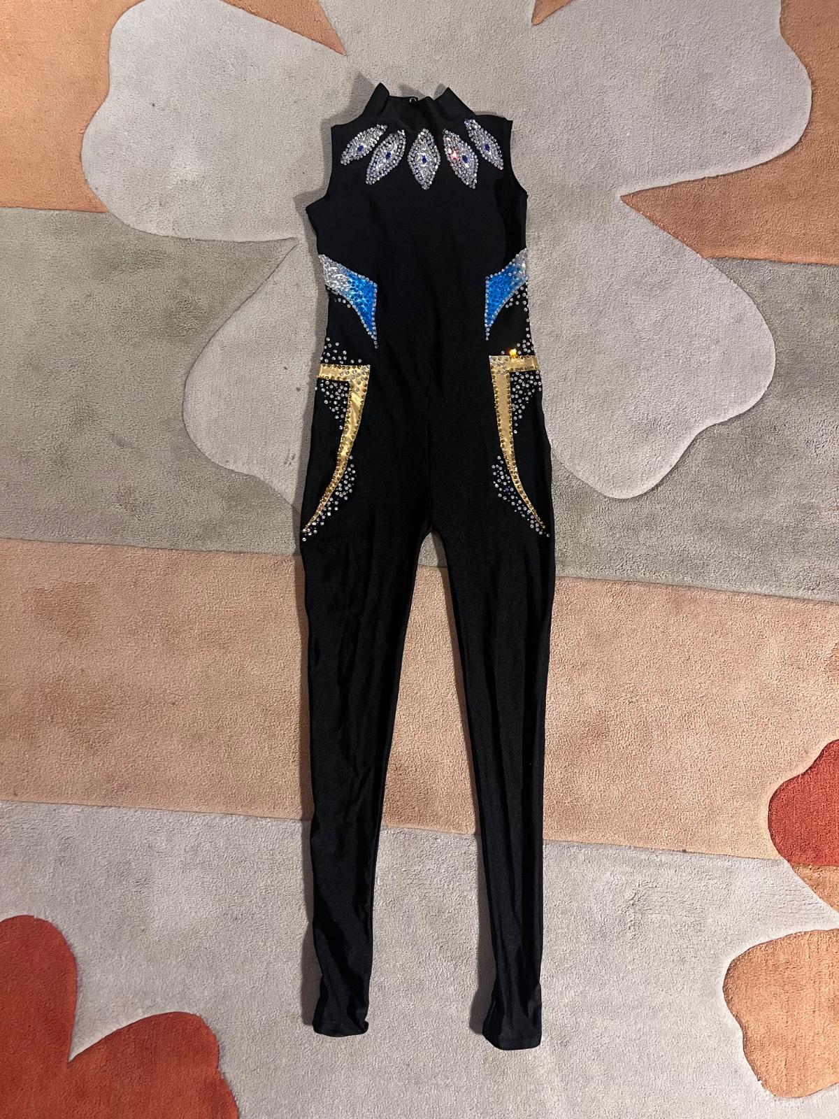 Private Label Pre-teen Black Leotard Jumpsuit with Gold & Blue Crystal Embellishments — photo 3