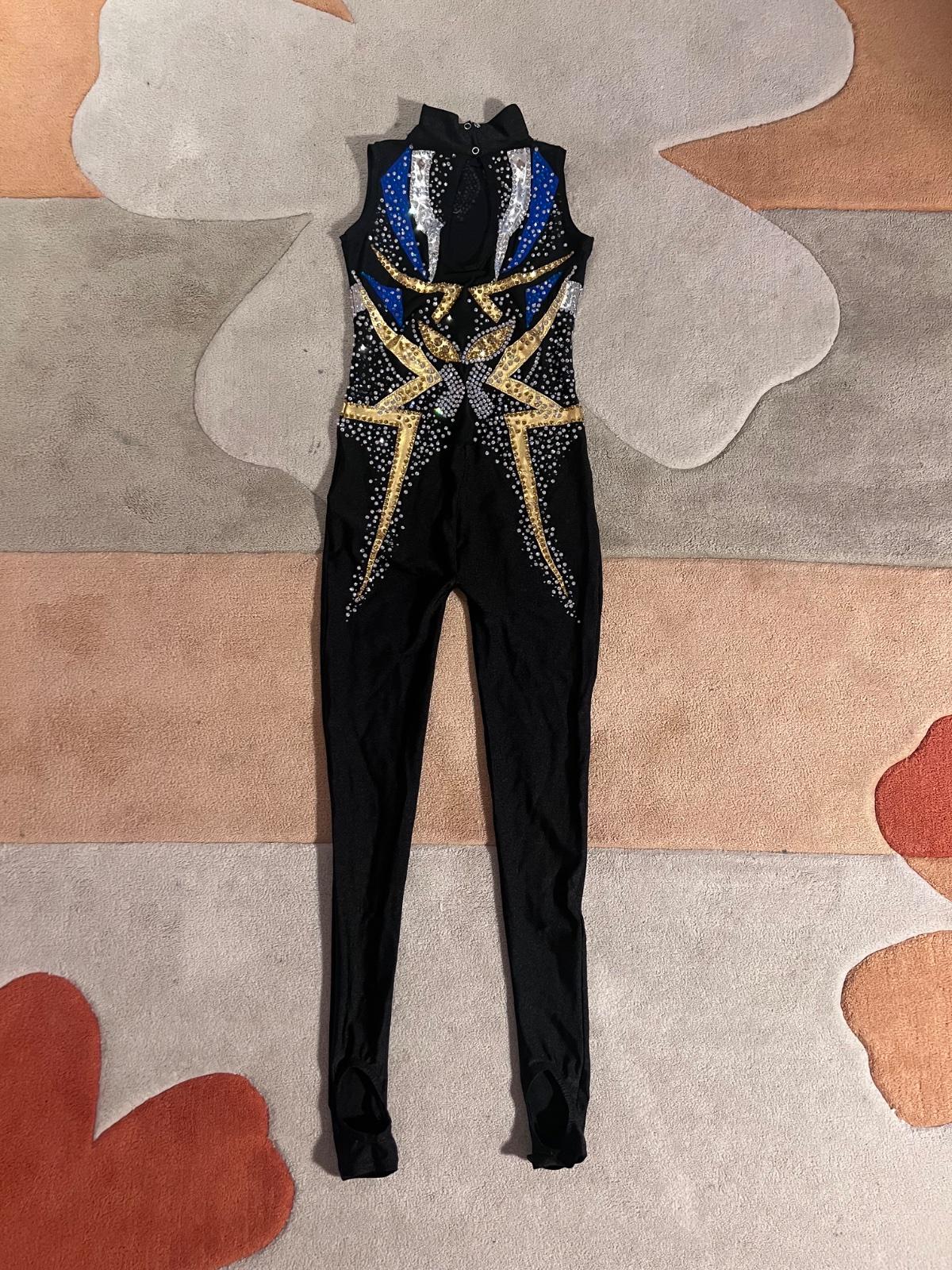 Private Label Pre-teen Black Leotard Jumpsuit with Gold & Blue Crystal Embellishments — photo 4