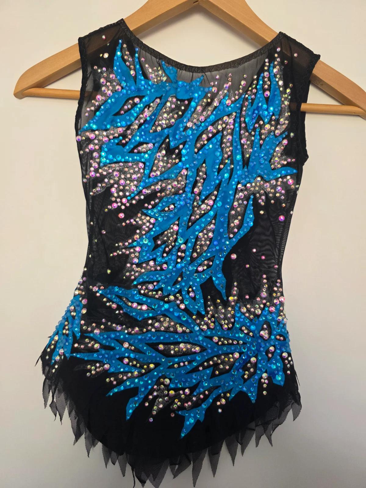Handmade Child Rhythmic Gymnastics Leotard - Black with Blue Flame Appliques & Crystals — photo 3