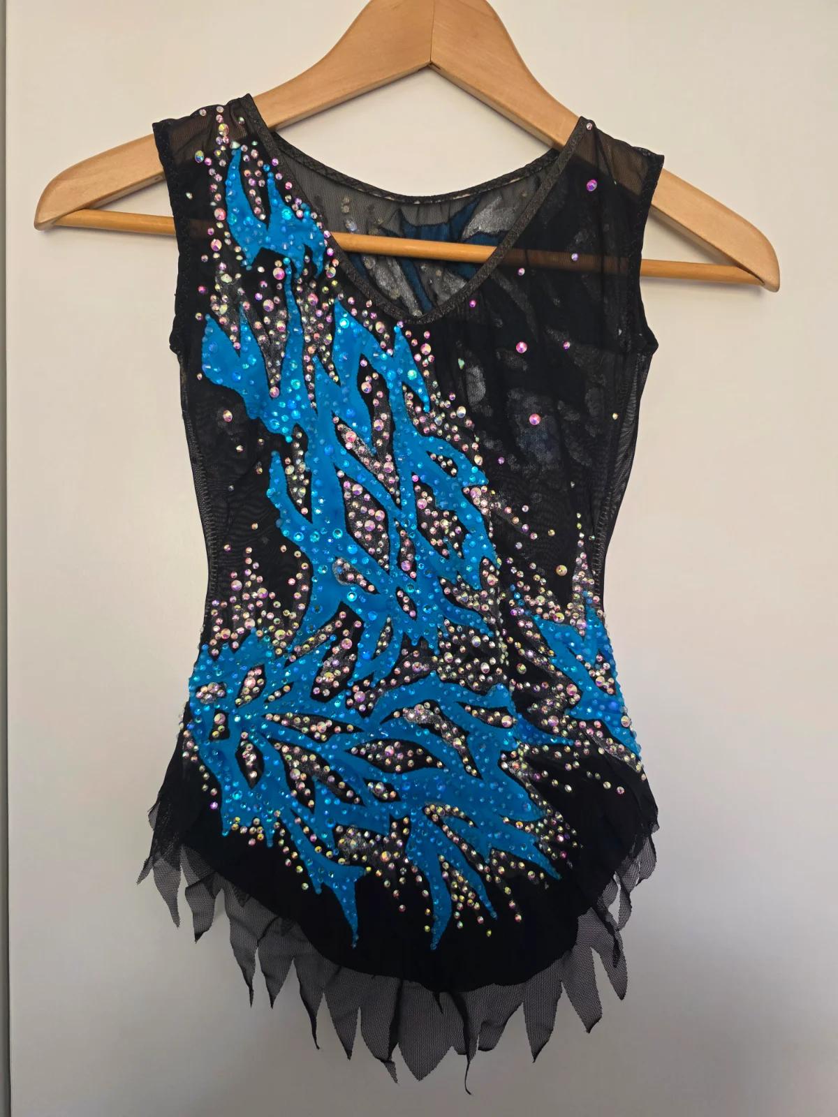 Handmade Child Rhythmic Gymnastics Leotard - Black with Blue Flame Appliques & Crystals — photo 4
