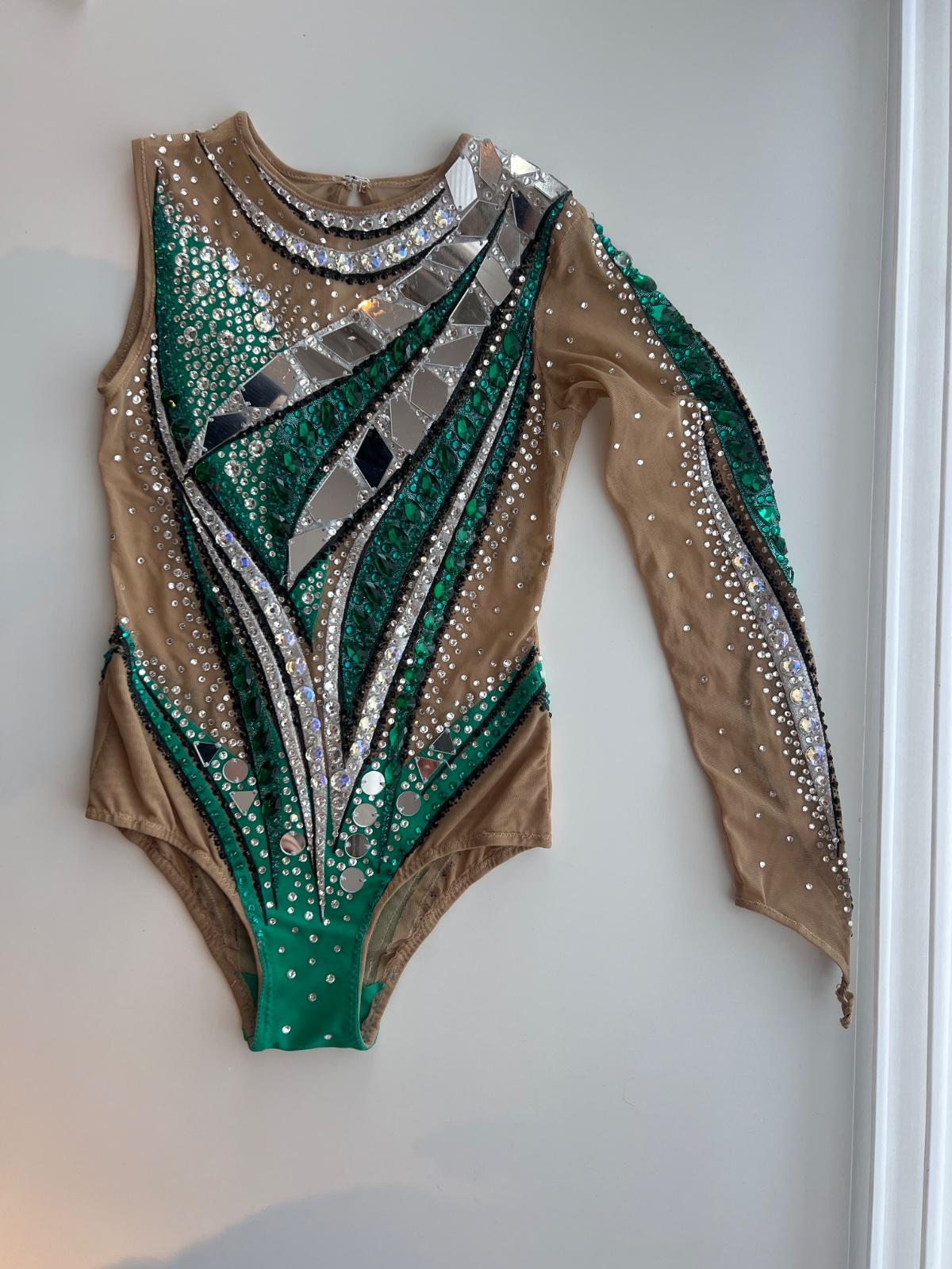 Own label Pre-teen Rhythmic Gymnastics Leotard, Green & Silver with Crystals — photo 3