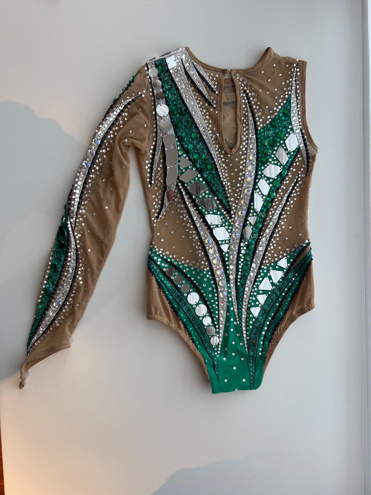 Own label Pre-teen Rhythmic Gymnastics Leotard, Green & Silver with Crystals — photo 4