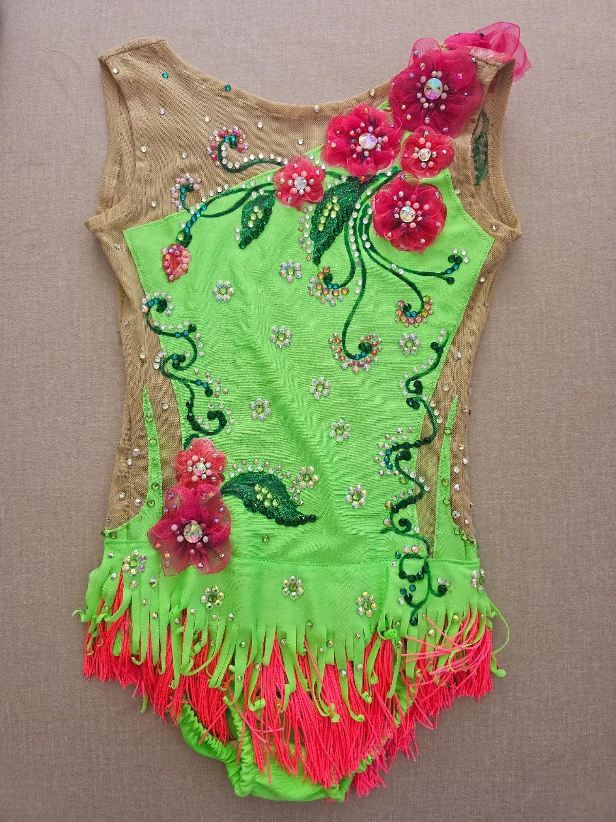 Vibrant Green & Nude Rhythmic Leotard with Floral Appliqués & Fringe, Age 8 — photo 3