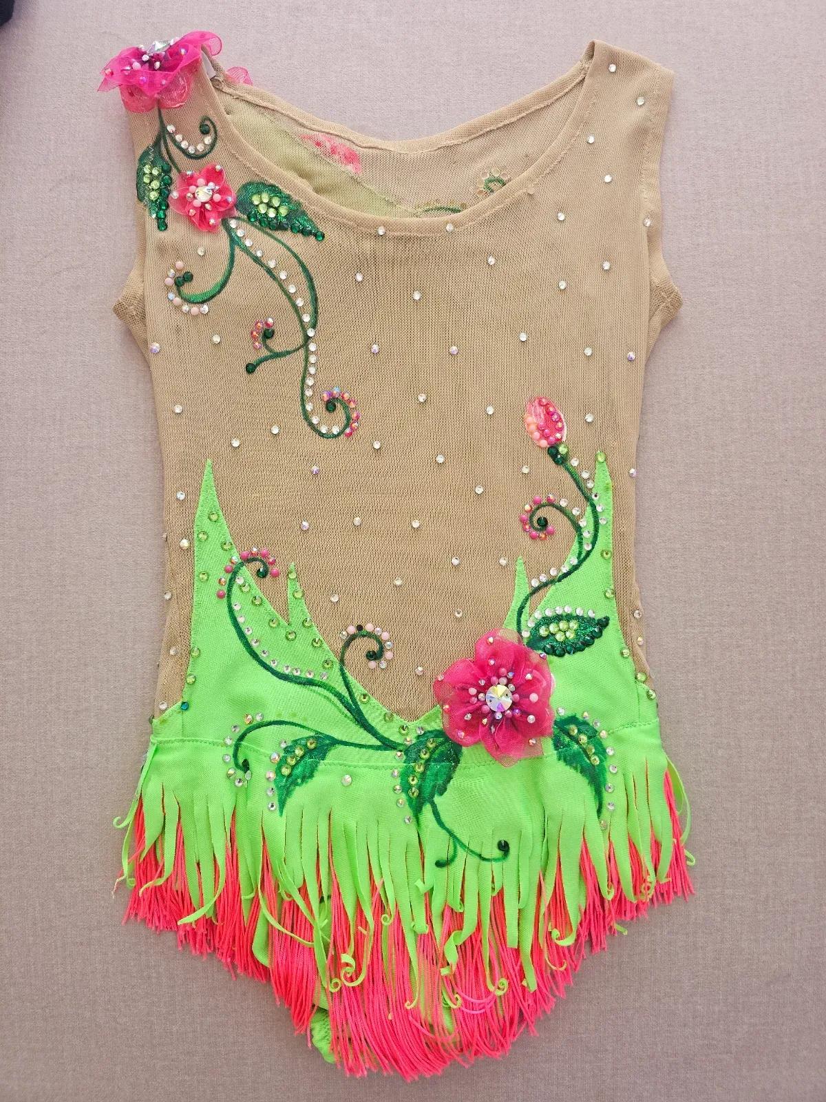 Vibrant Green & Nude Rhythmic Leotard with Floral Appliqués & Fringe, Age 8 — photo 4